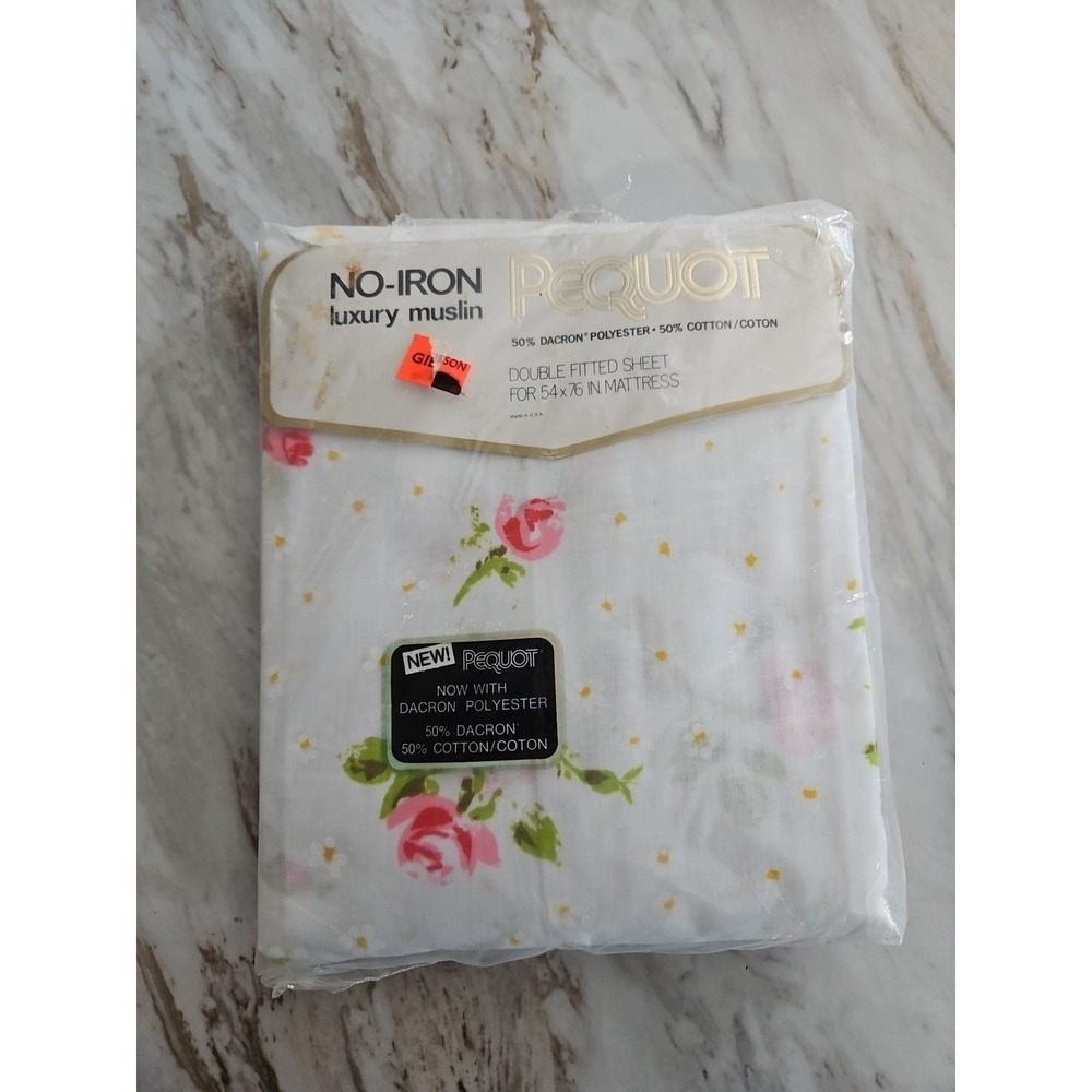 Vintage No-Iron Luxury Muslin Pequot Double Fitted Sheet Mountain Mist 54x76 NOS